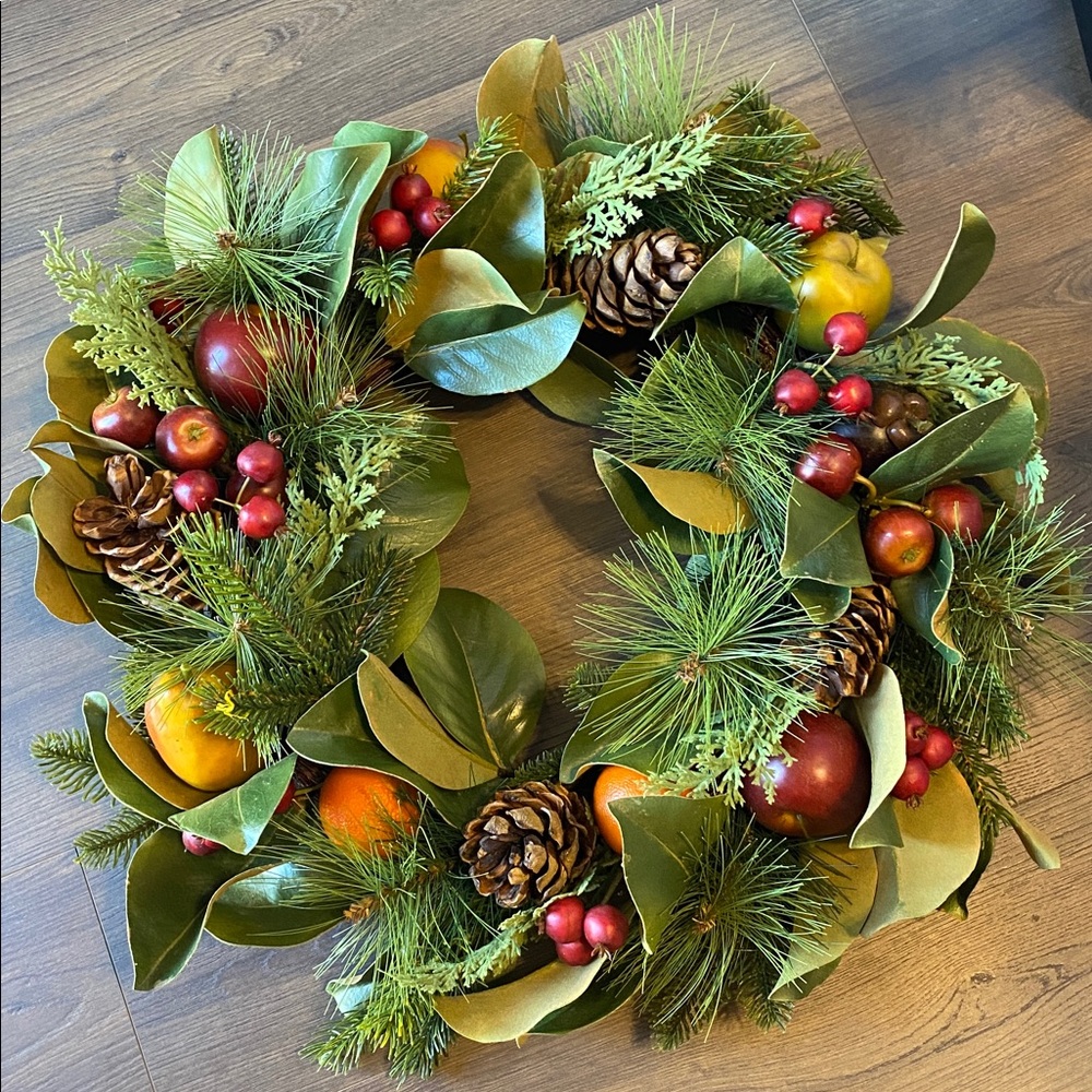 Winward Home Faux Magnolia Leaf Pinecone Fruit Foliage Holiday Wreath 24”